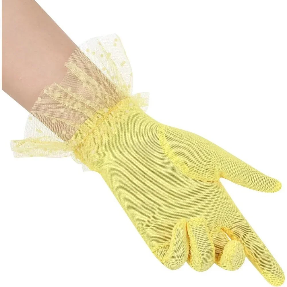 Women's Short Lace Yellow Tulle Sheer Mesh Tea Party Prom Gloves Banquet Costume